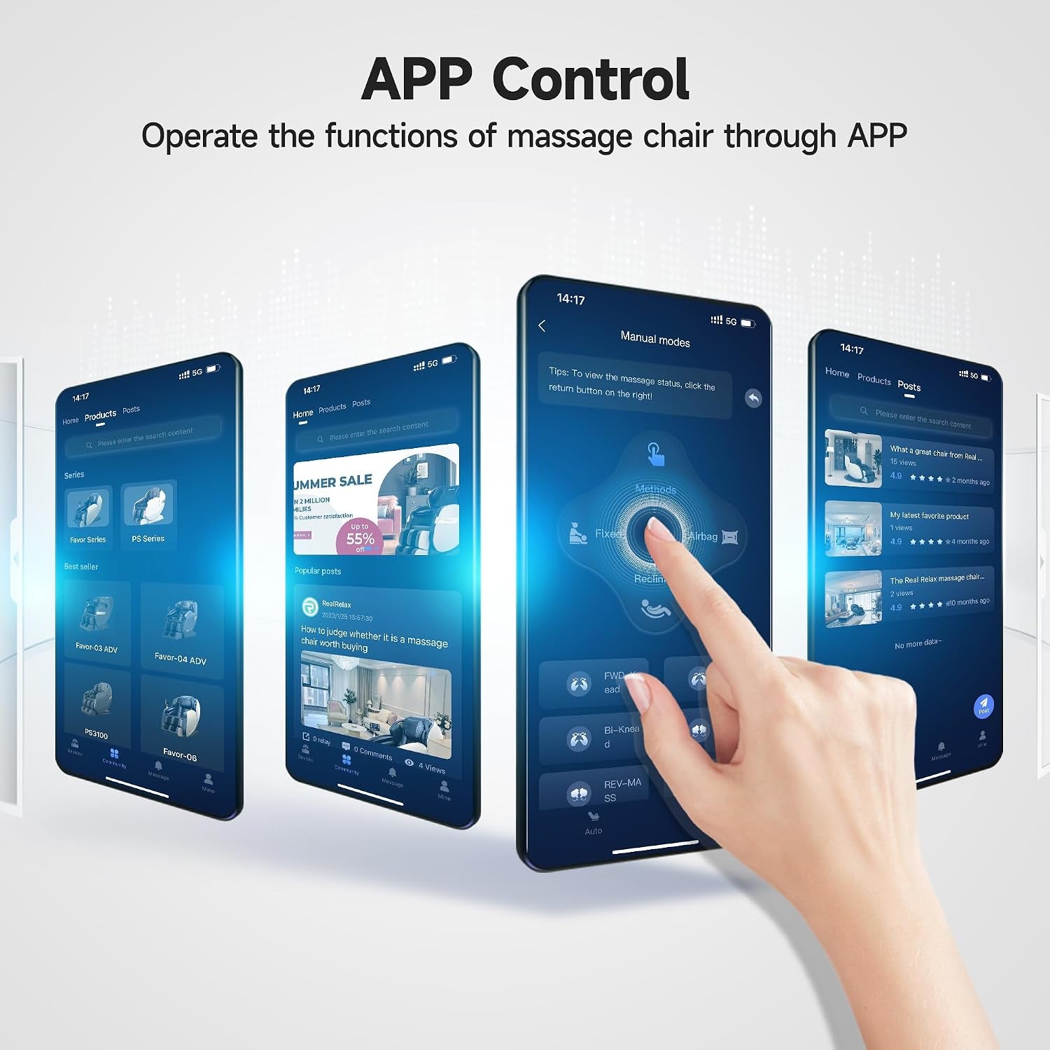 Hand tapping a smartphone screen among several floating phone mockups showing the massage chair app interface.