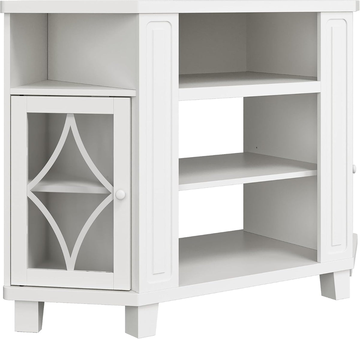 Cropped side-front view of the white corner TV stand showing open center shelves and decorative glass door.