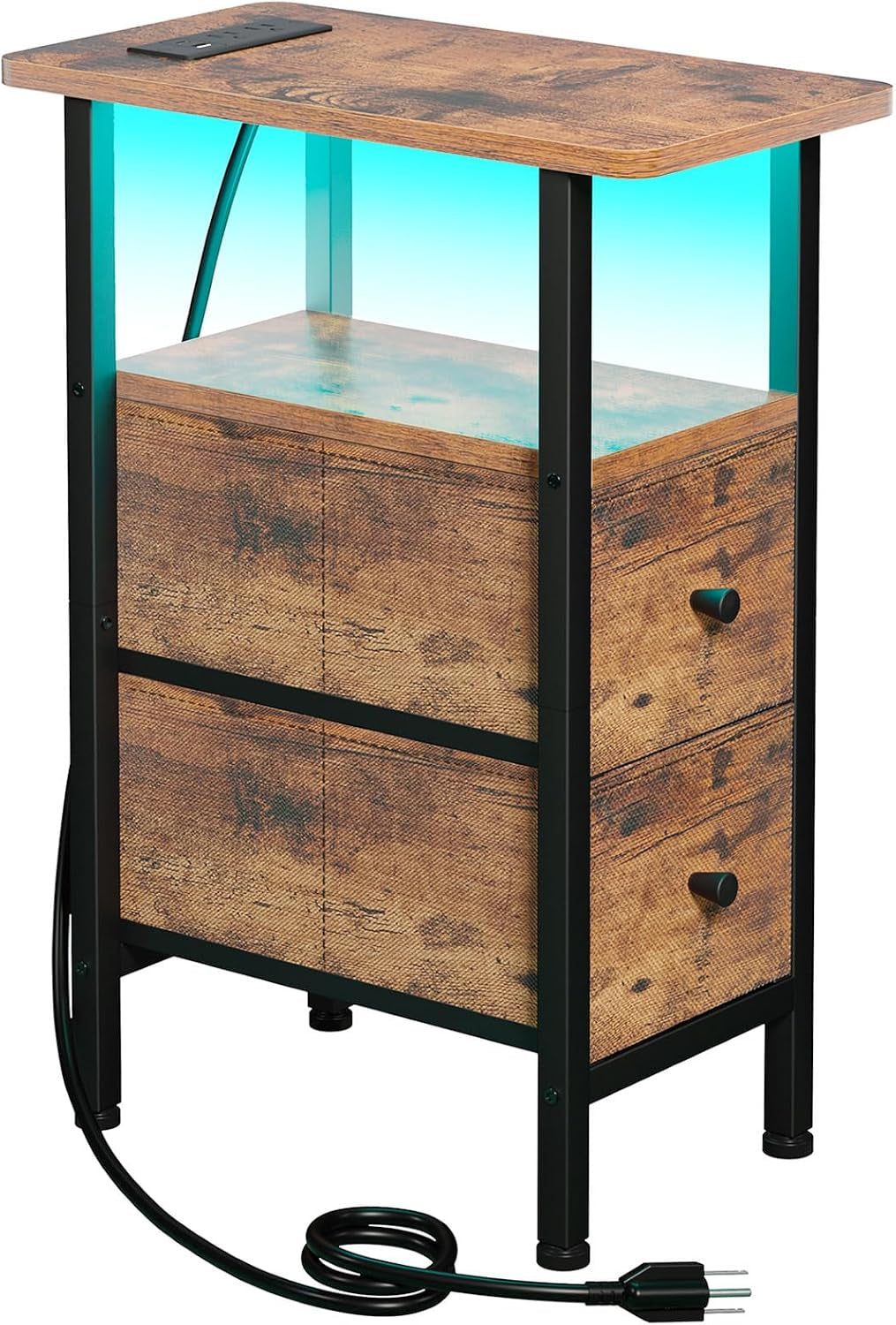 Close angled wood-effect table with three drawers and coiled power cable