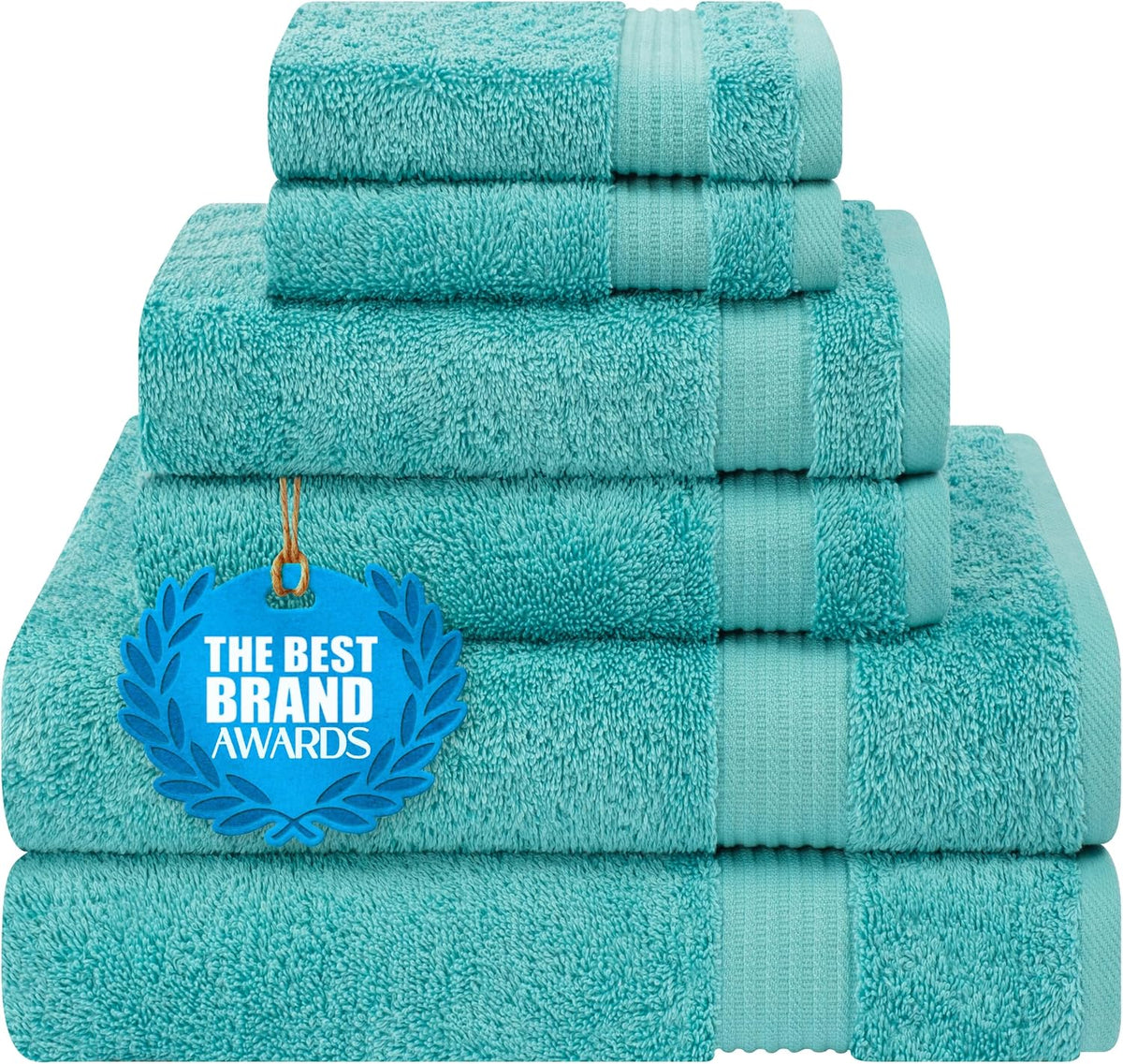 Stack of six aqua towels neatly folded with a blue award tag hanging on the front.