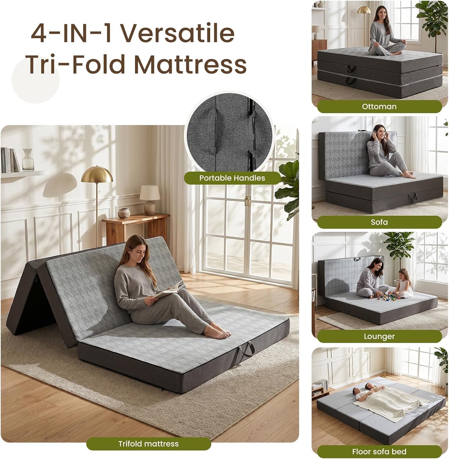 Collage of tri-fold mattress uses including folded sofa, ottoman stack, lounger and floor sofa bed with close-up of handle