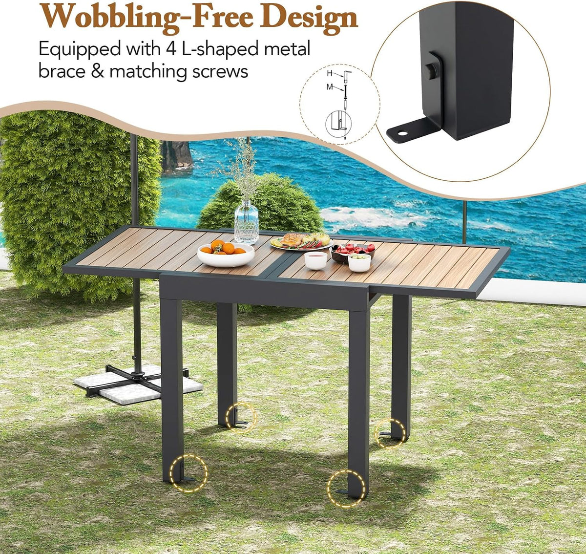Expanded rectangular table on grass highlighting L-shaped metal braces at the legs and square leg profile with footpads