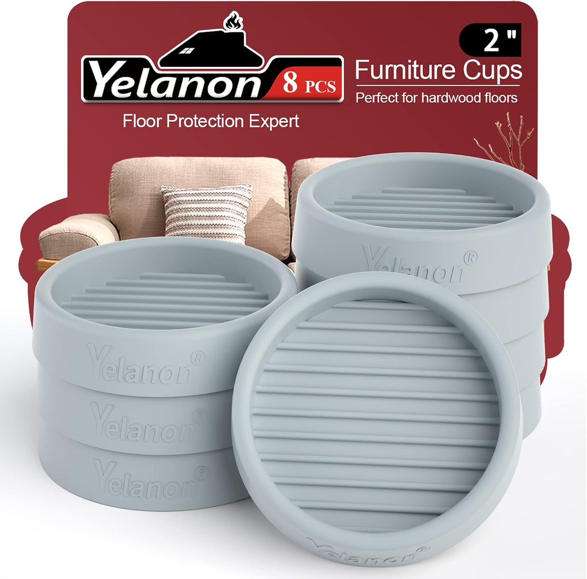Close-up of stacked light gray round ribbed furniture cups with red product card behind.