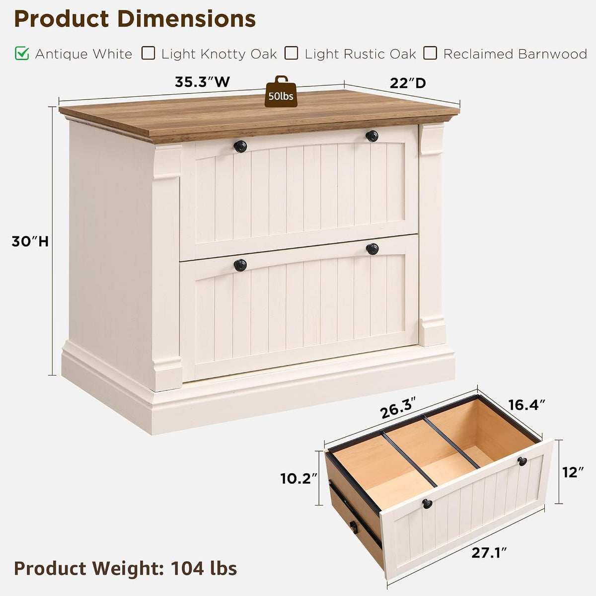 Dimension diagram showing 35.3" wide faux wood top and drawer box measurements for the antique white cabinet