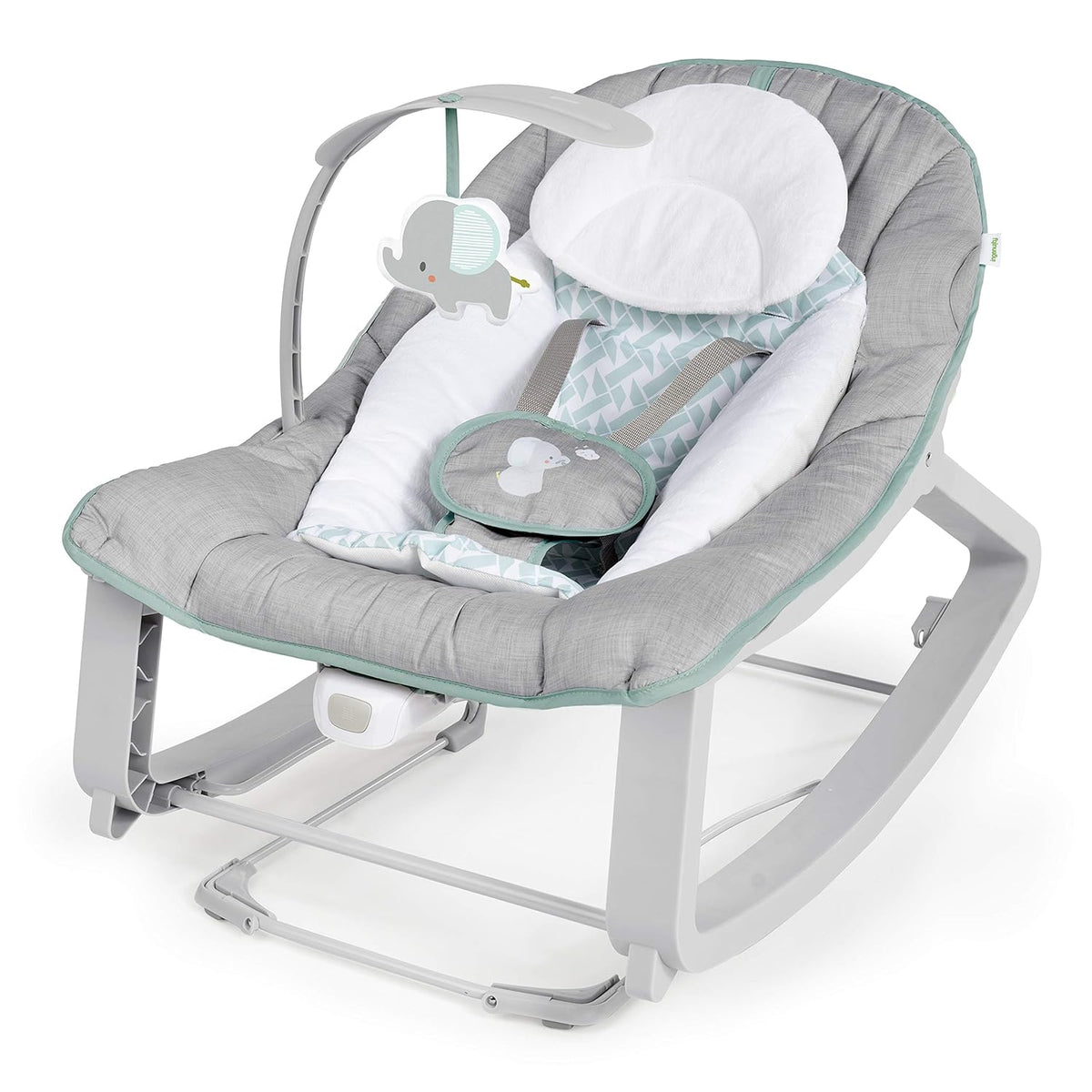 Angled close-up of gray and mint baby bouncer with toy bar and padded infant insert.
