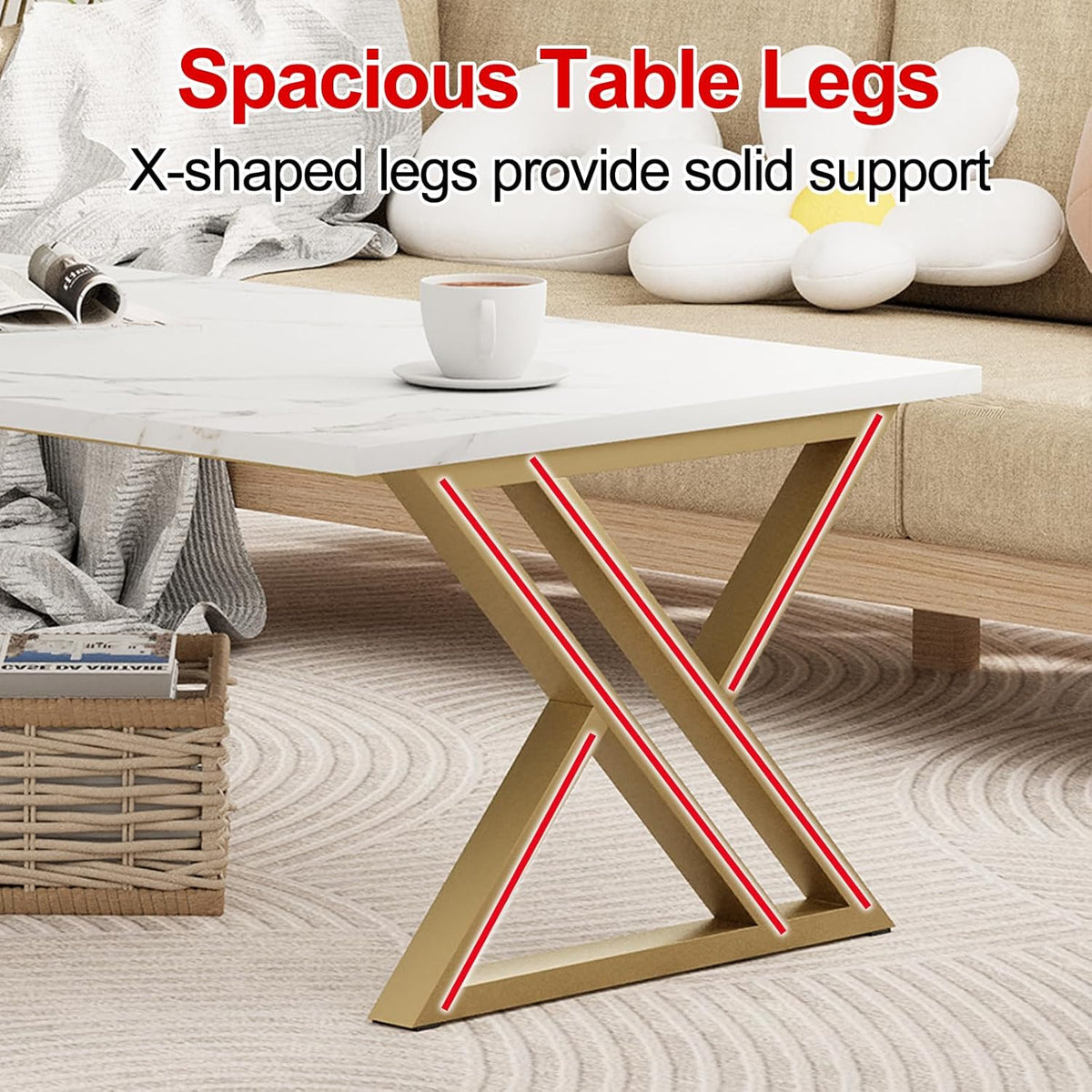 Close-up of a gold X-shaped steel leg showing the double-cross bars and triangular base on a light carpet.