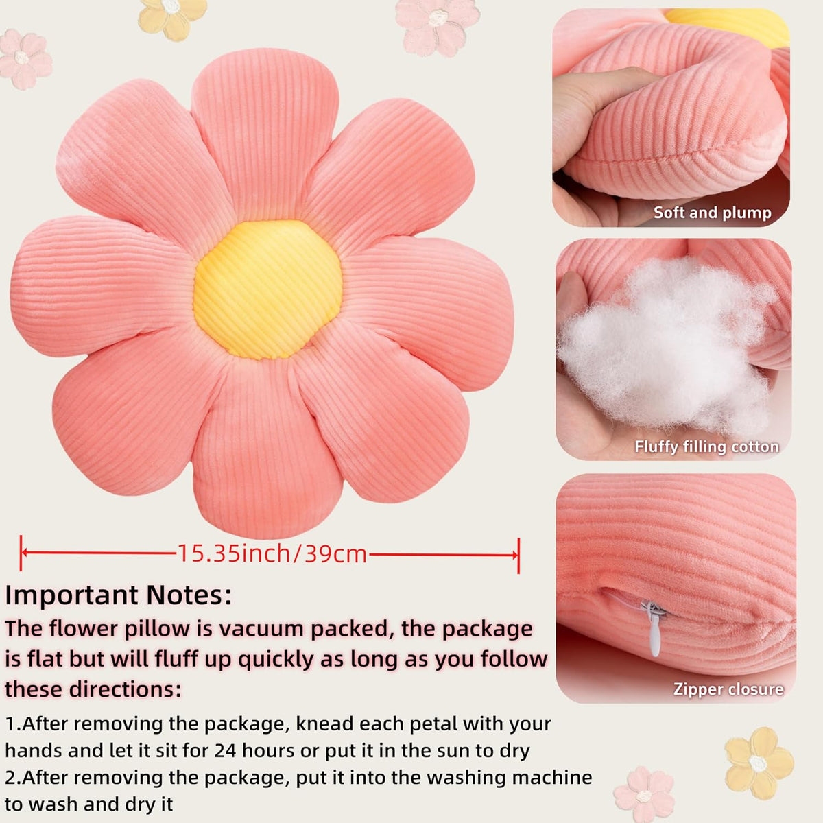 Collage showing a single pink daisy cushion front view with close-ups of zipper, stuffing and ribbed fabric.
