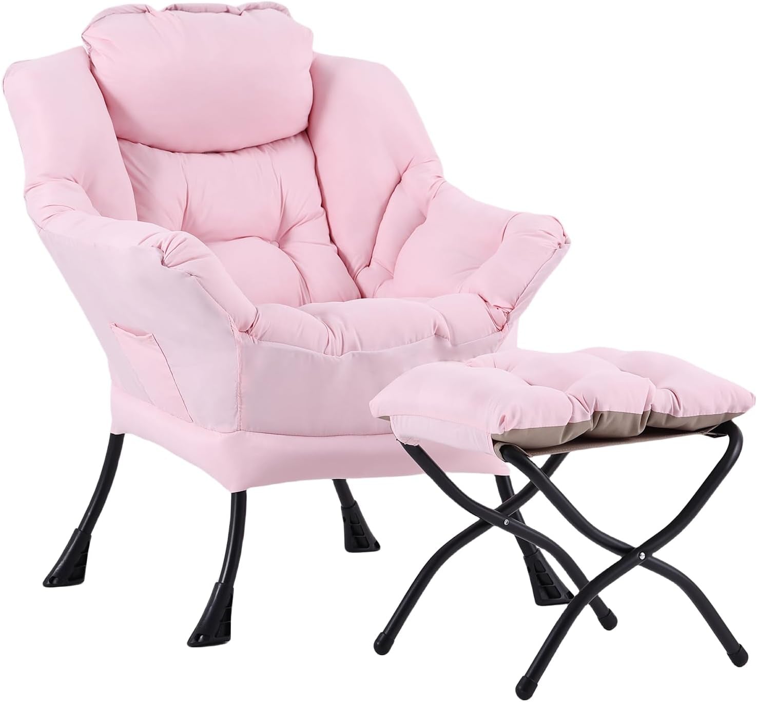 Light pink padded lounge chair with matching foldable ottoman on black metal legs, isolated on white