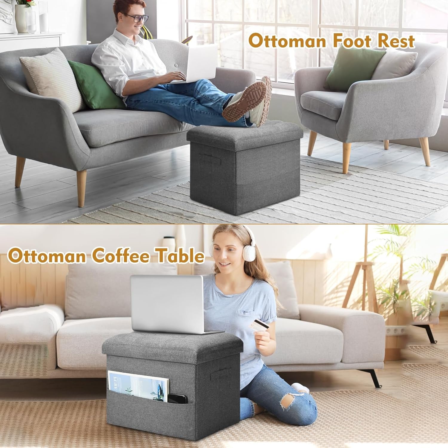 Person using the gray ottoman as a footrest in a living room scene