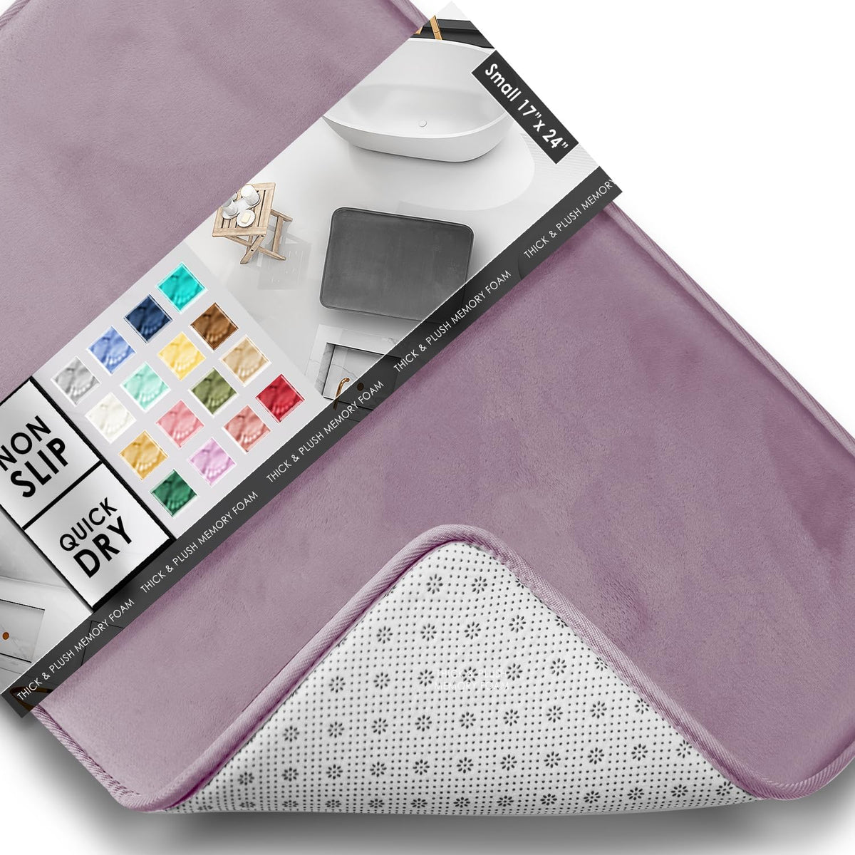 Mauve bath mat corner folded to show patterned white non-slip backing and color sample grid on packaging.