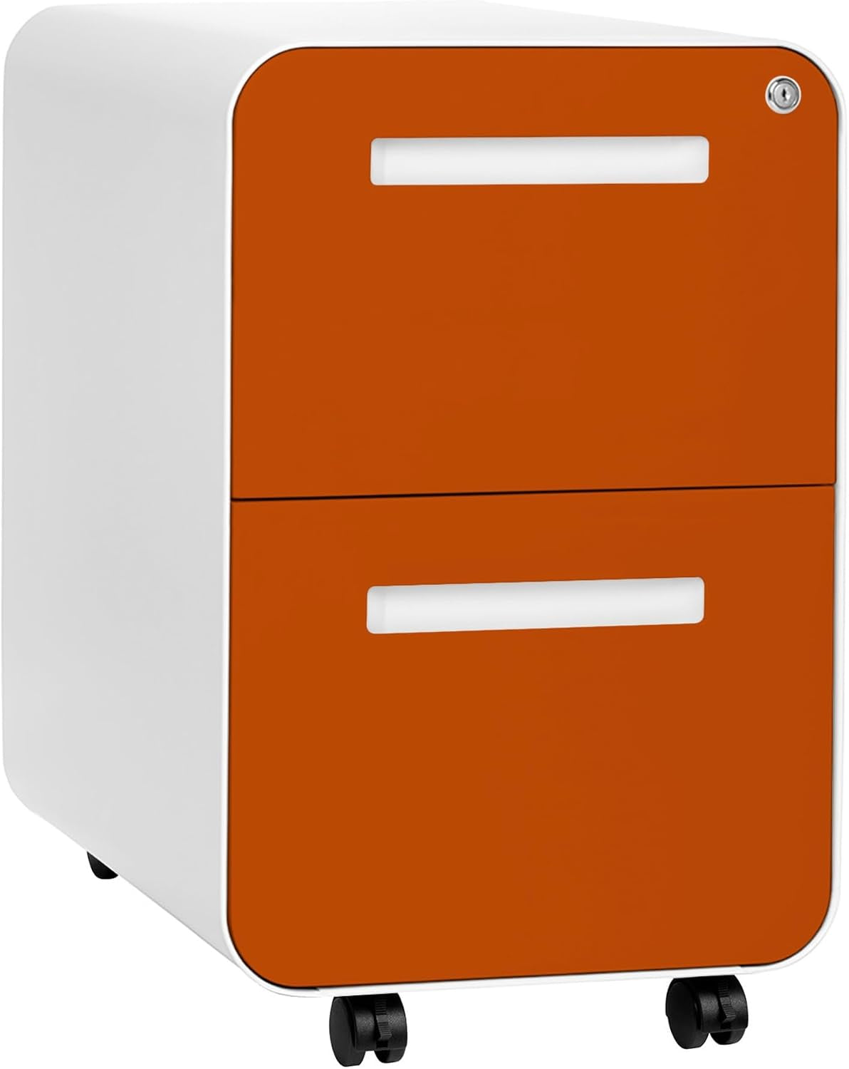 White cabinet body with orange front drawers two-drawer mobile file cabinet on casters