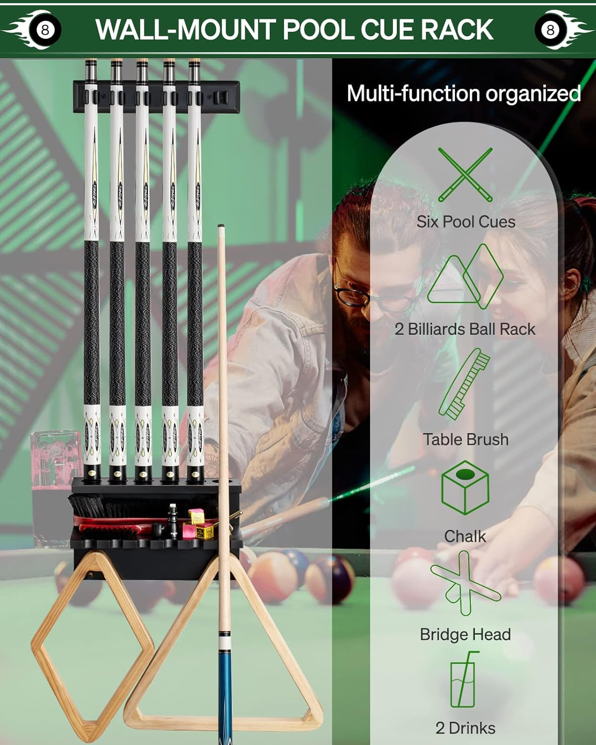 Vertical display of six cues in the rack with icons and text listing included accessories and features over a pool hall