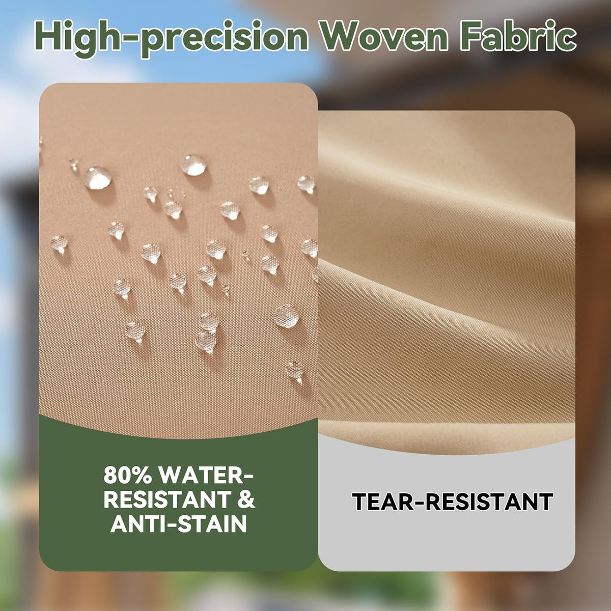 Two close-up panels of tan woven fabric, one with water droplets and one smooth folded section