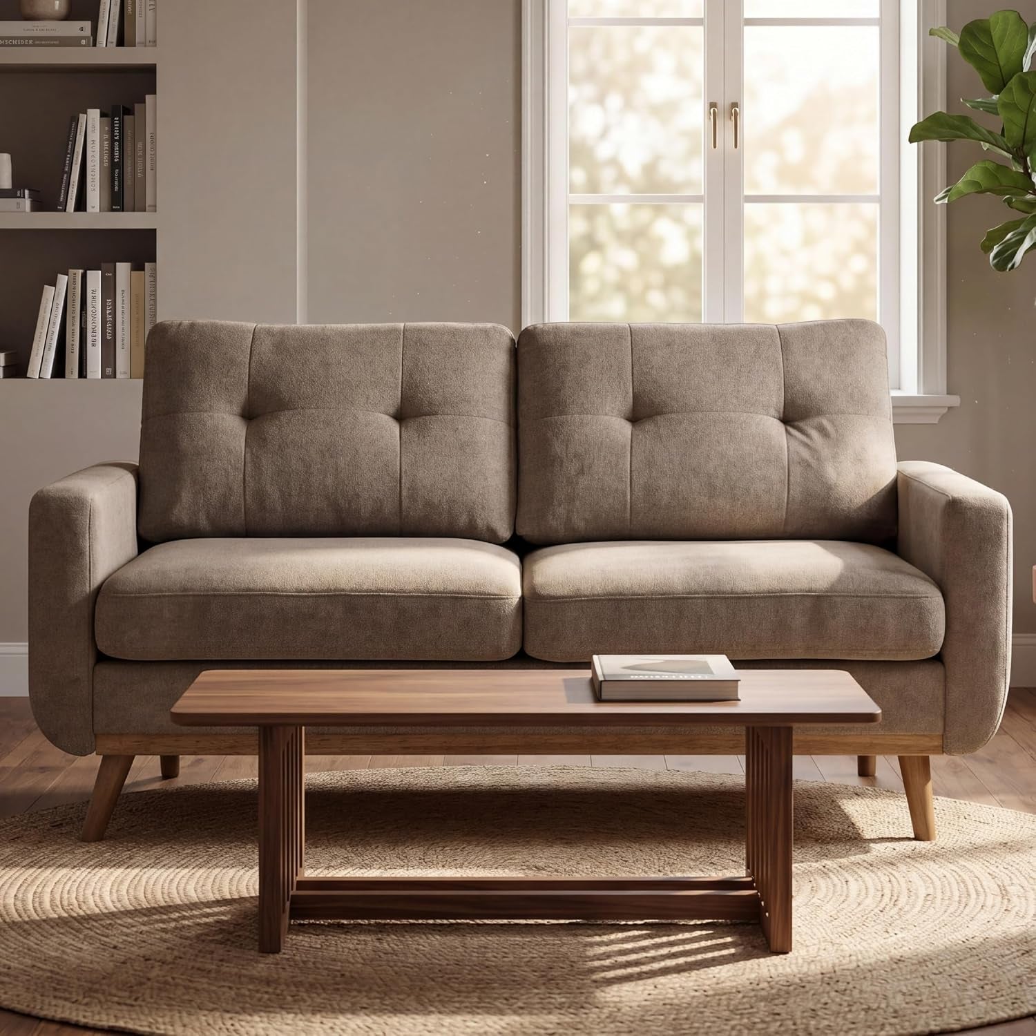 Front view of tufted loveseat styled with coffee table and round rug in natural light