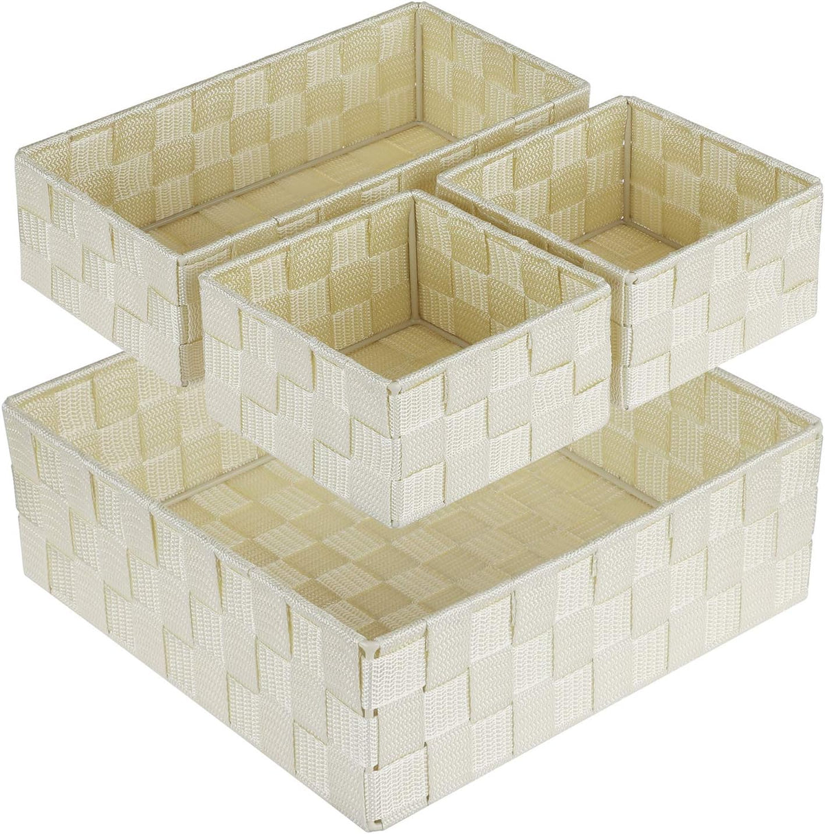 Cream-colored woven baskets displayed in a stepped stack with visible woven texture