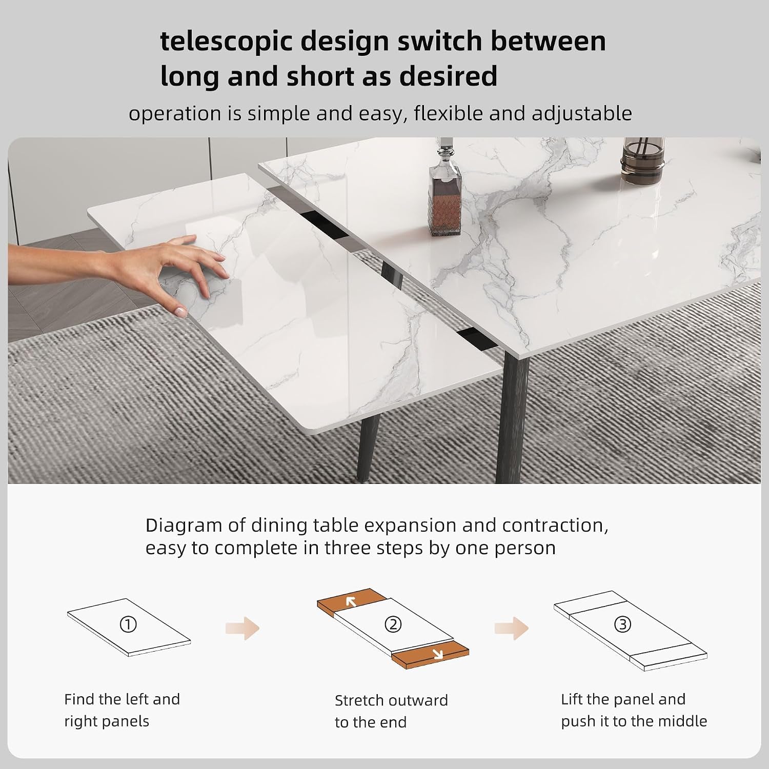 Hand sliding a white marble-look table panel outward to show the telescopic extension mechanism.