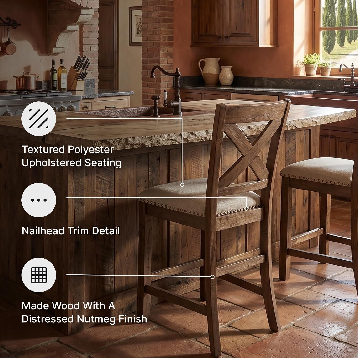 Close view of a counter stool showing textured beige polyester seat, antiqued nailhead trim and distressed nutmeg wood finish