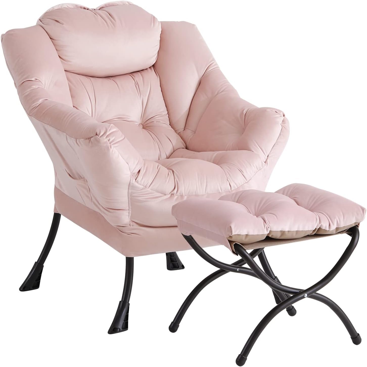 Close view of a pale pink cushioned lounge chair and matching padded ottoman on curved black legs