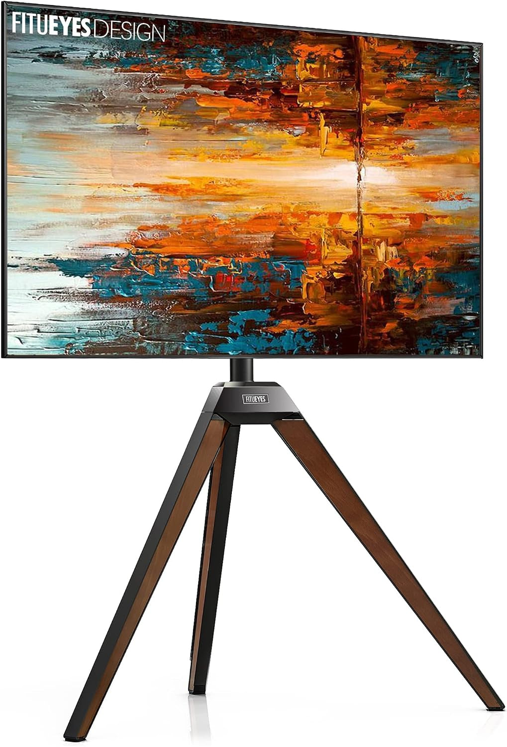 Flat-screen TV on tripod stand with walnut-finish beech legs and black metal center, front view.