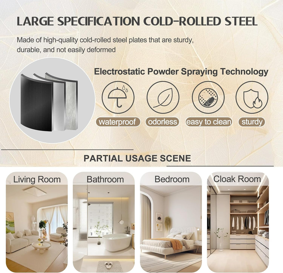 Material and usage graphic showing cold-rolled steel features and four room usage thumbnails (living room, bathroom