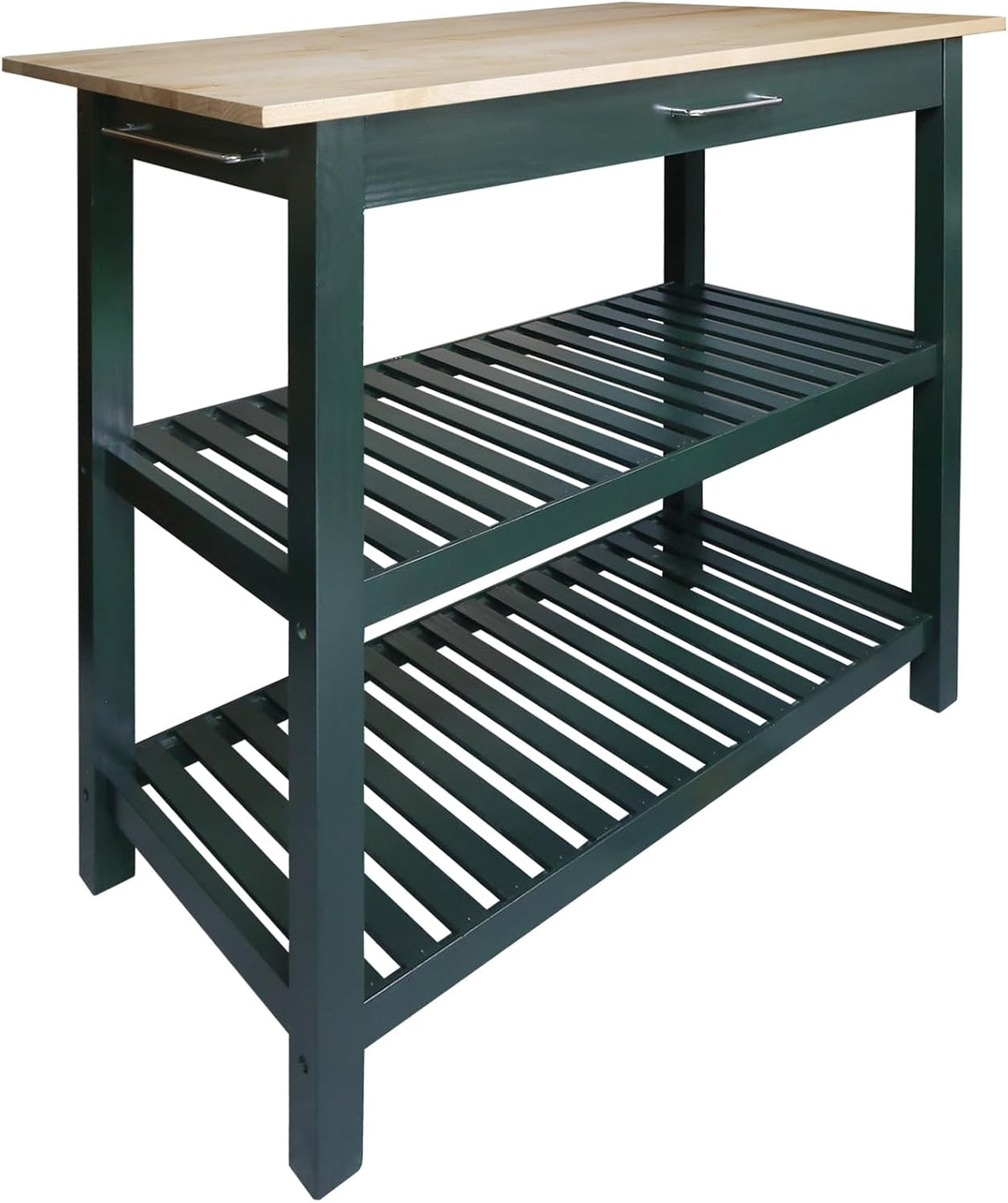 Angled side view of island with natural wood top and deep green painted frame and two slatted shelves.