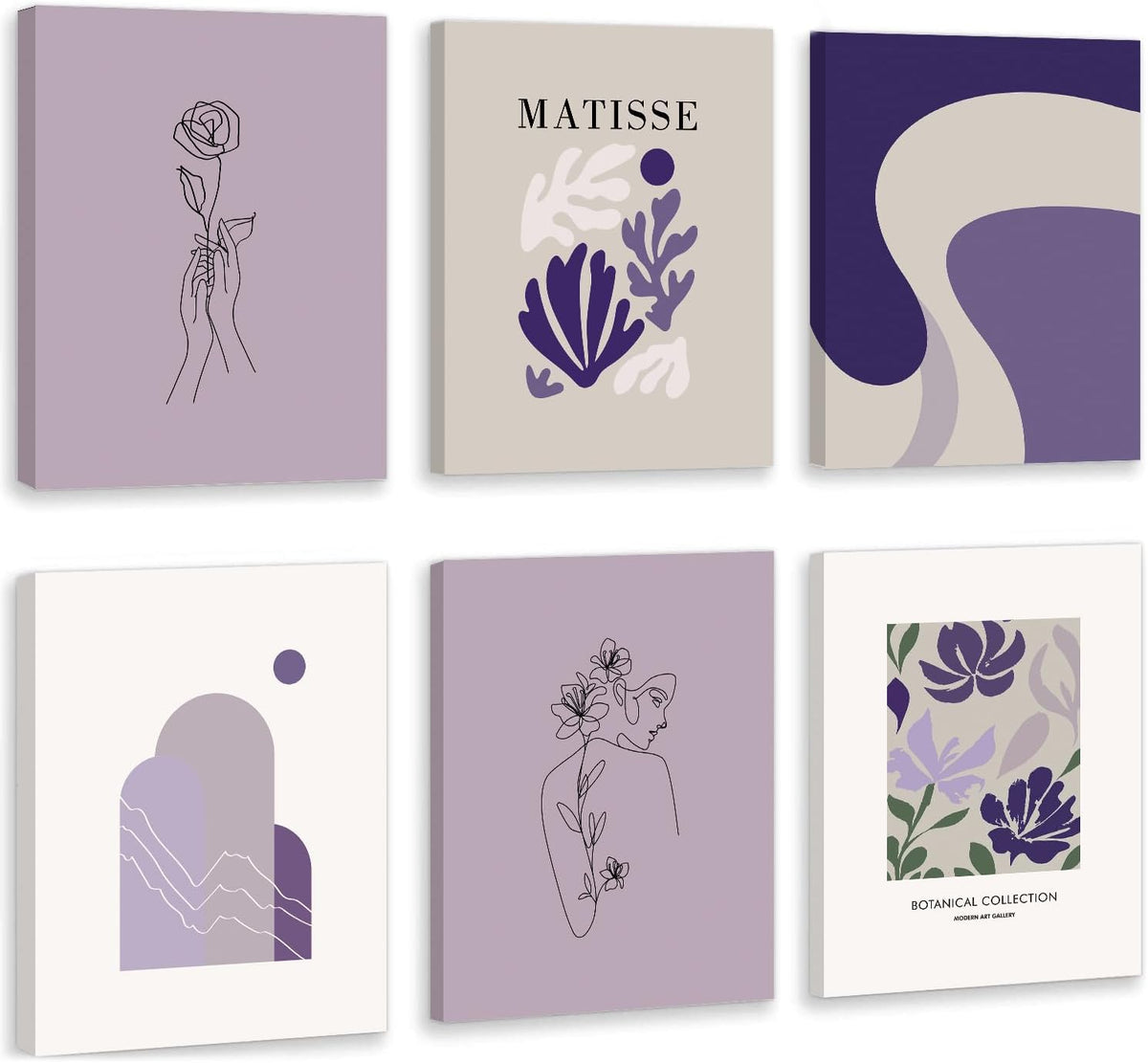 Nine canvases arranged three-by-three featuring lavender and beige abstract botanical shapes and minimalist single-line
