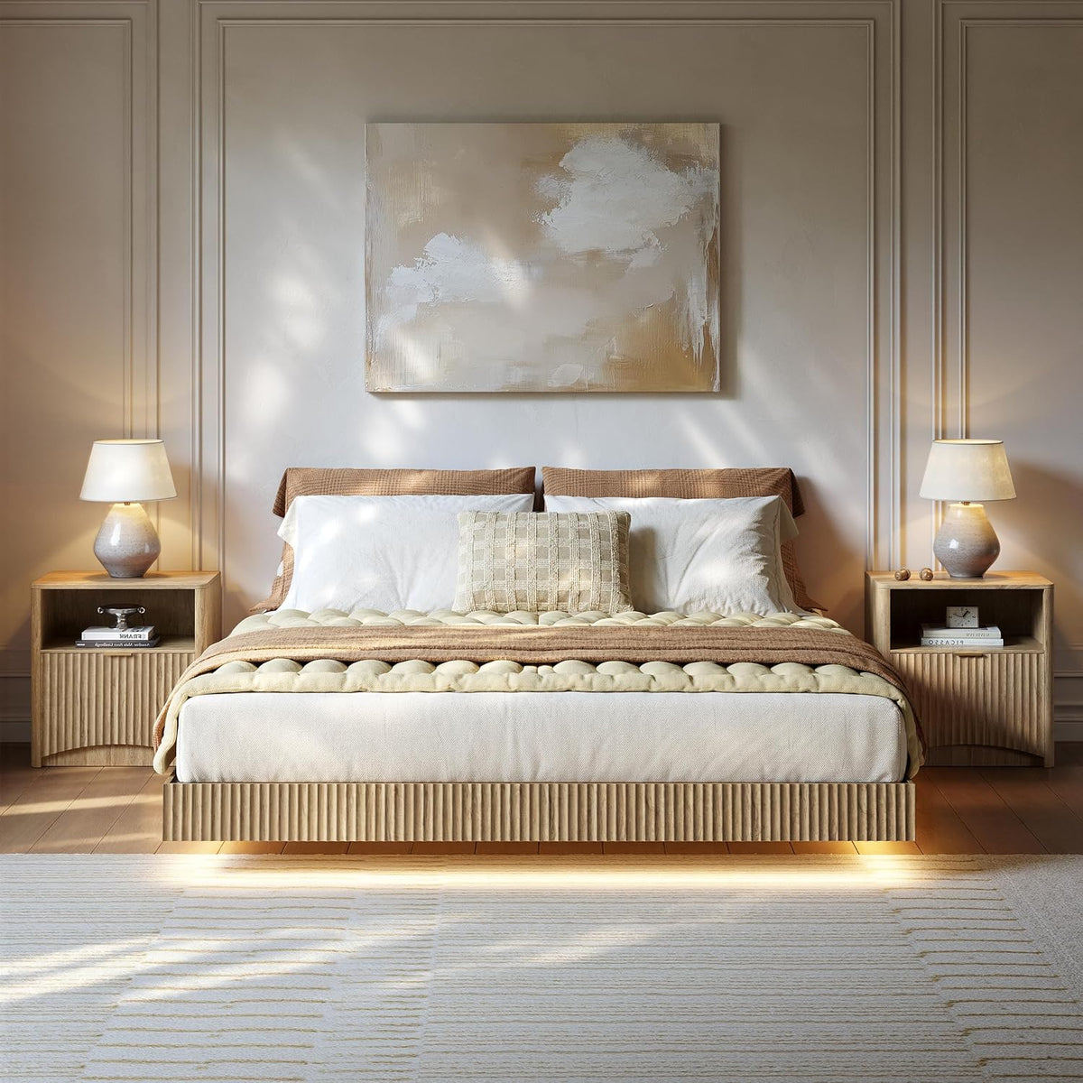 Head-on view of the floating bed and two nightstands showing fluted detailing and neutral bedding in a styled room