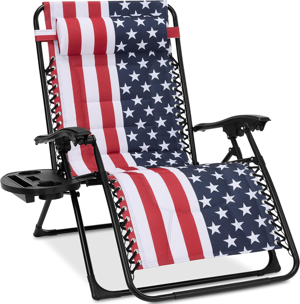 Zero-gravity recliner with American flag print fabric, removable head pillow and side cup tray