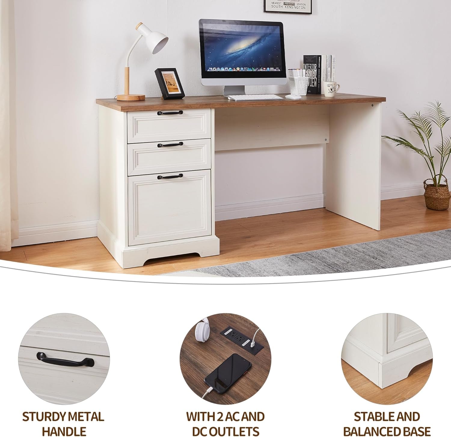 Single-pedestal view of the desk showing three drawers on the left and a wood-tone top in a staged room