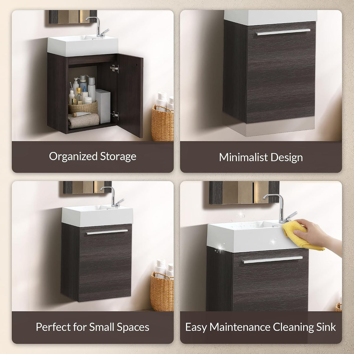 Four small panels showing organized storage, minimalist front, wall-mounted view, and someone wiping the white sink.