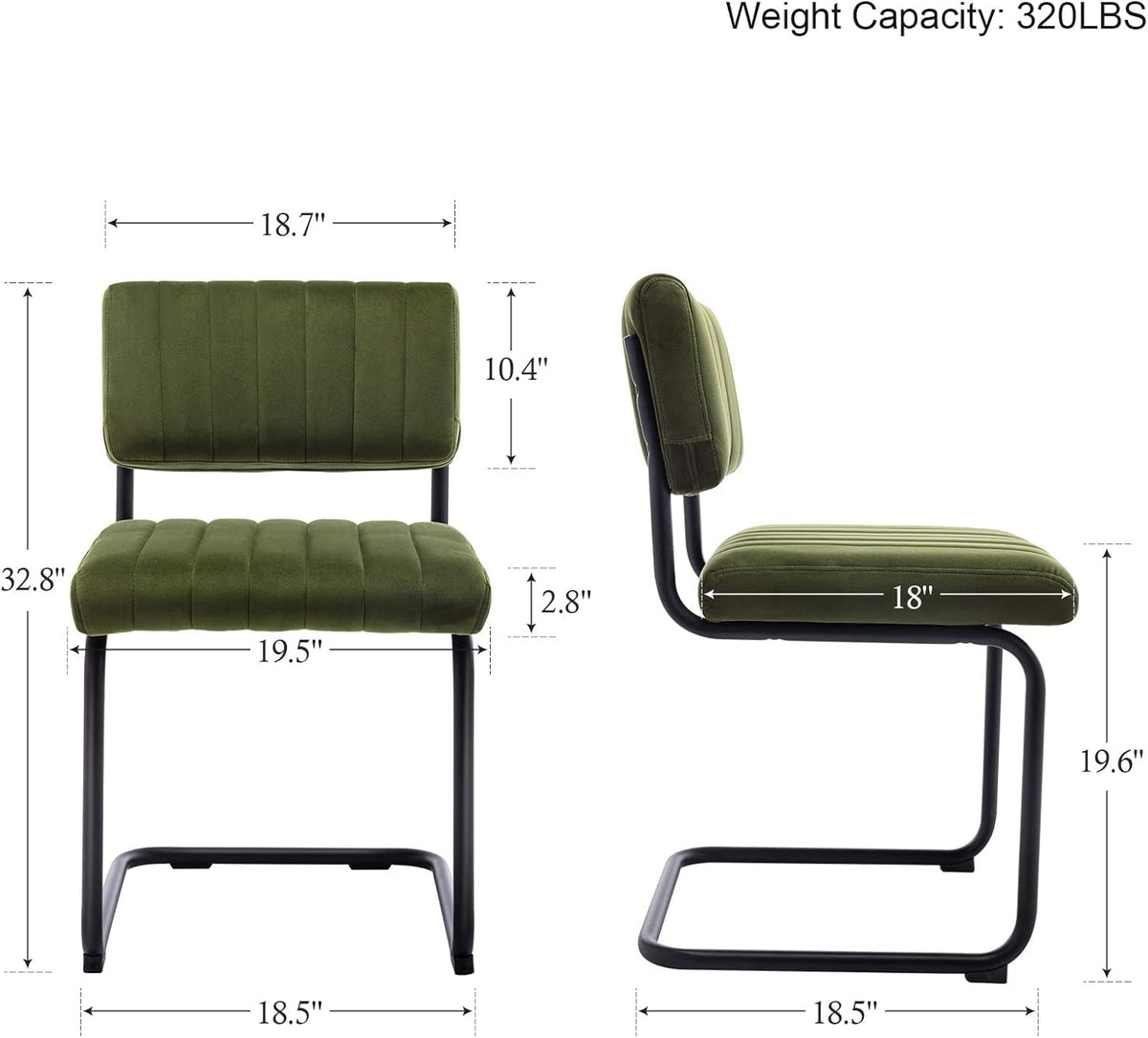 Front and side diagram view of the green velvet cantilever chair with dimension labels and seat/back illustrations