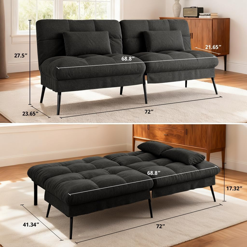 Front view of black futon showing dimensions overlay: 72" width and 27.5" height