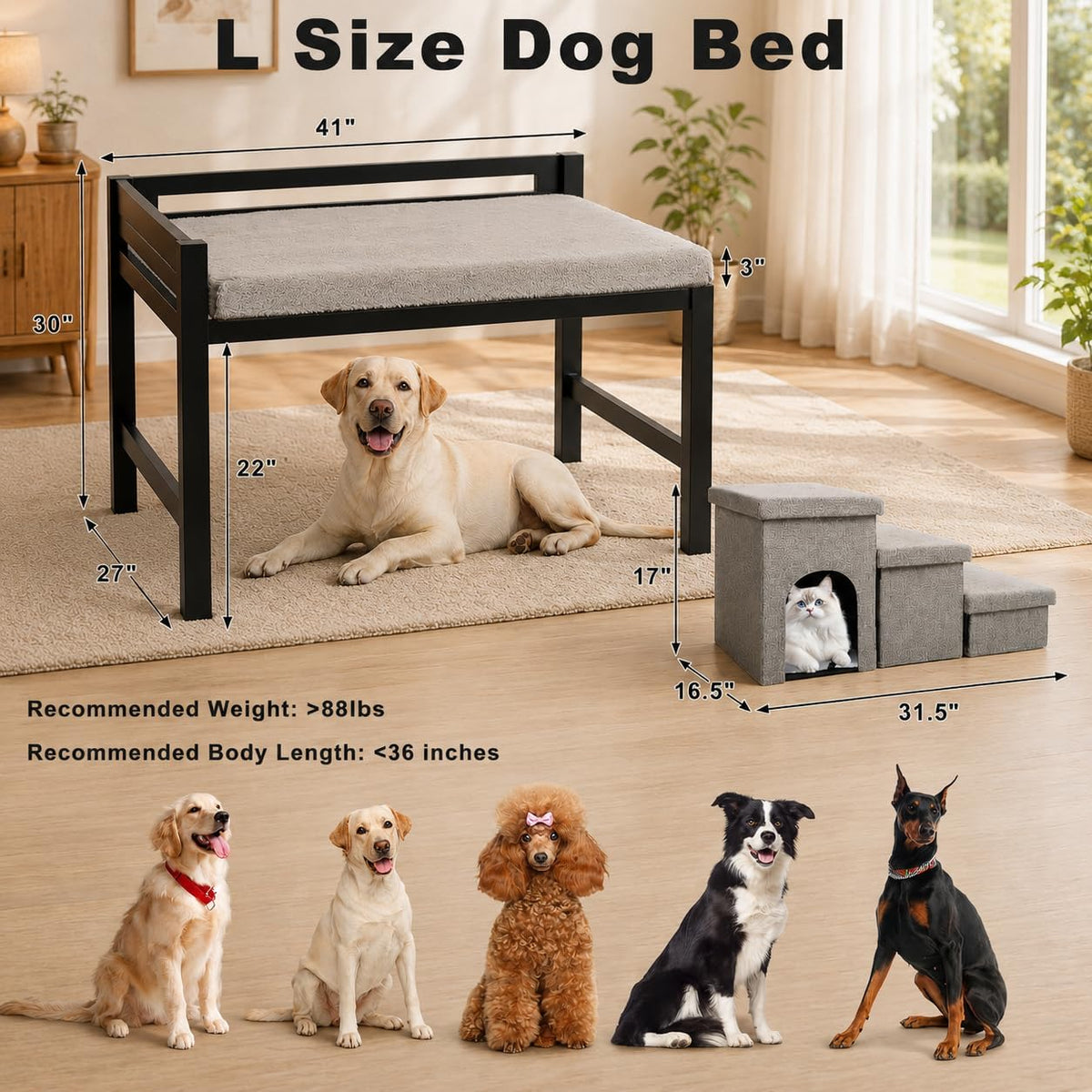 Graphic of L size bedside dog bed with callouts showing 41" x 27" sleeping area and the foldable three-step stairs