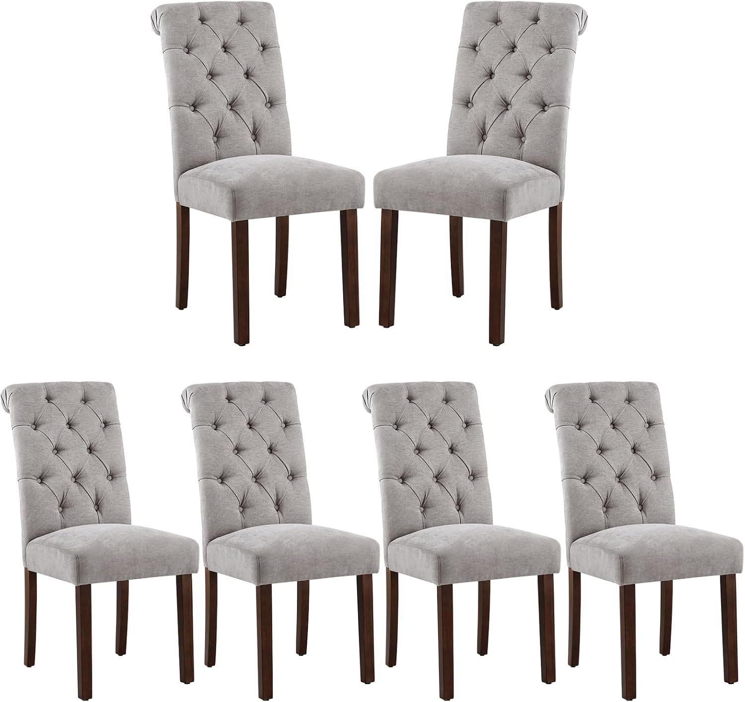 Set of six light-gray tufted Parsons chairs shown on a white background in two rows