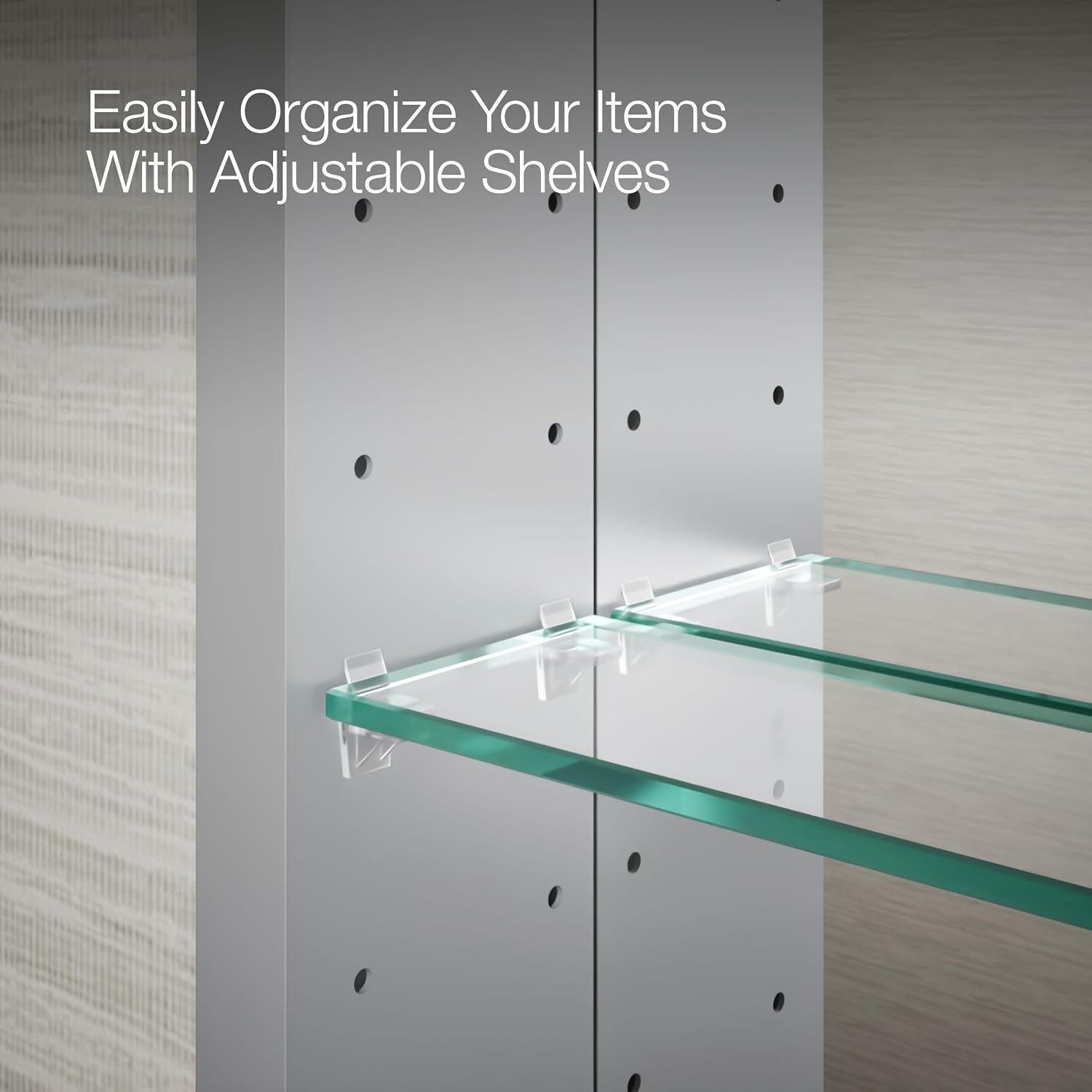Close-up of two clear glass shelves seated on small translucent plastic shelf supports inside the cabinet.