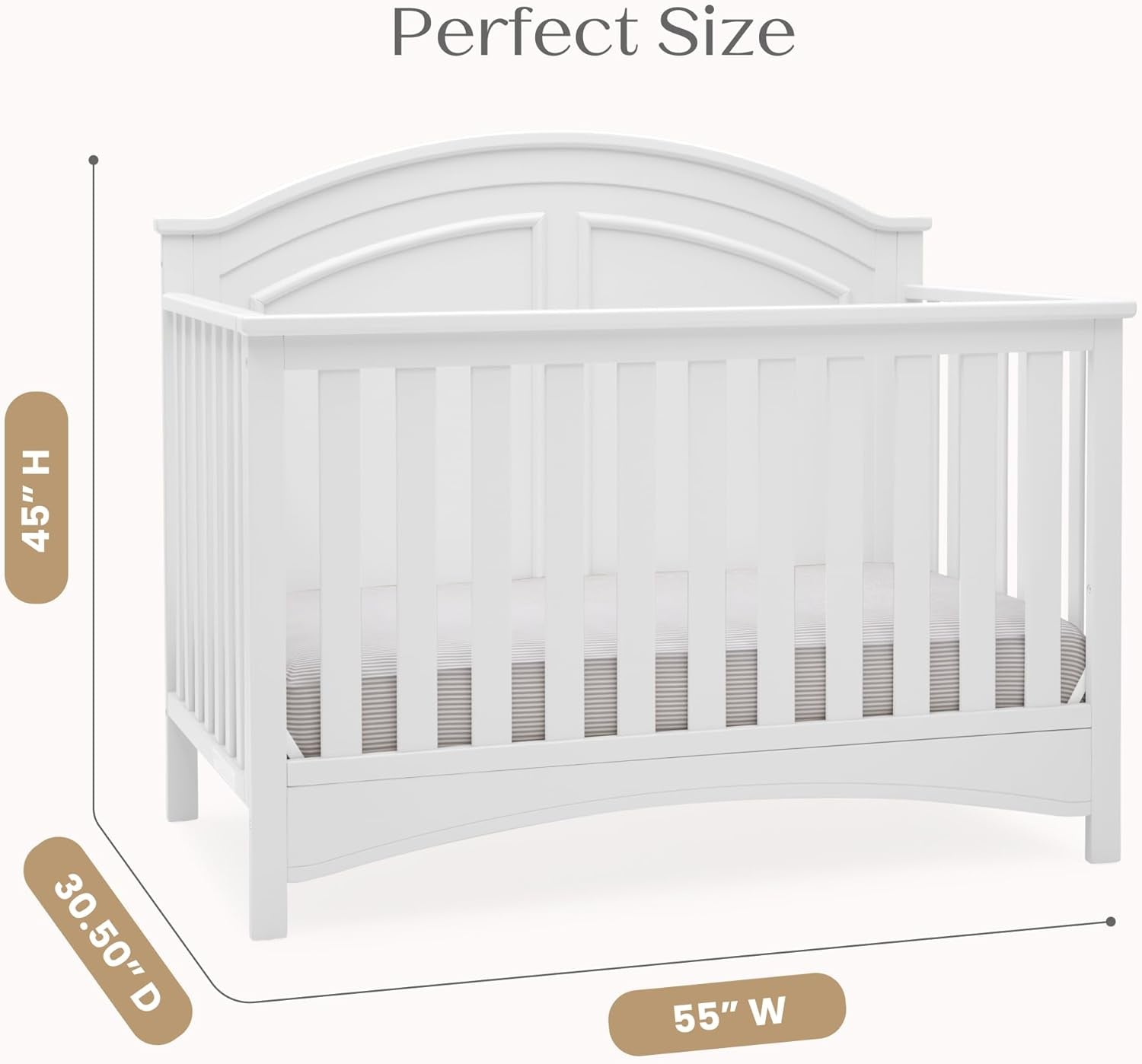 Angled front view of the crib with annotated overall height, depth, and width callouts