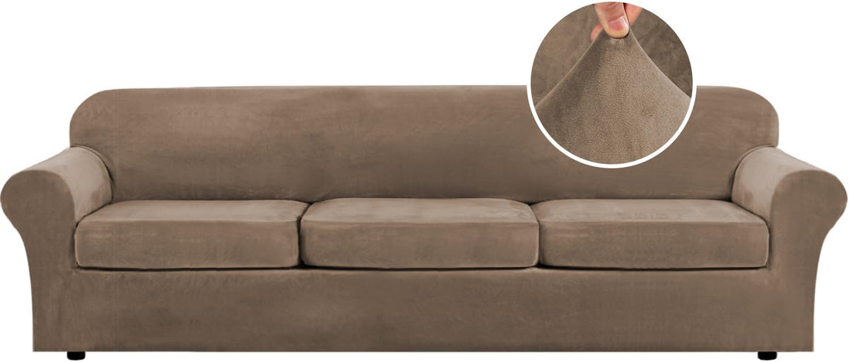 Front view of a three-seat sofa in a warm brown stretch slipcover with inset showing fabric texture.