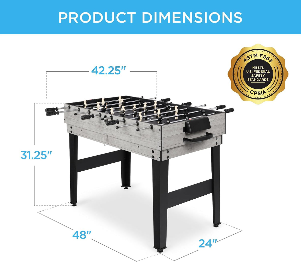 Foosball table shown with dimension lines: width, depth and height called out
