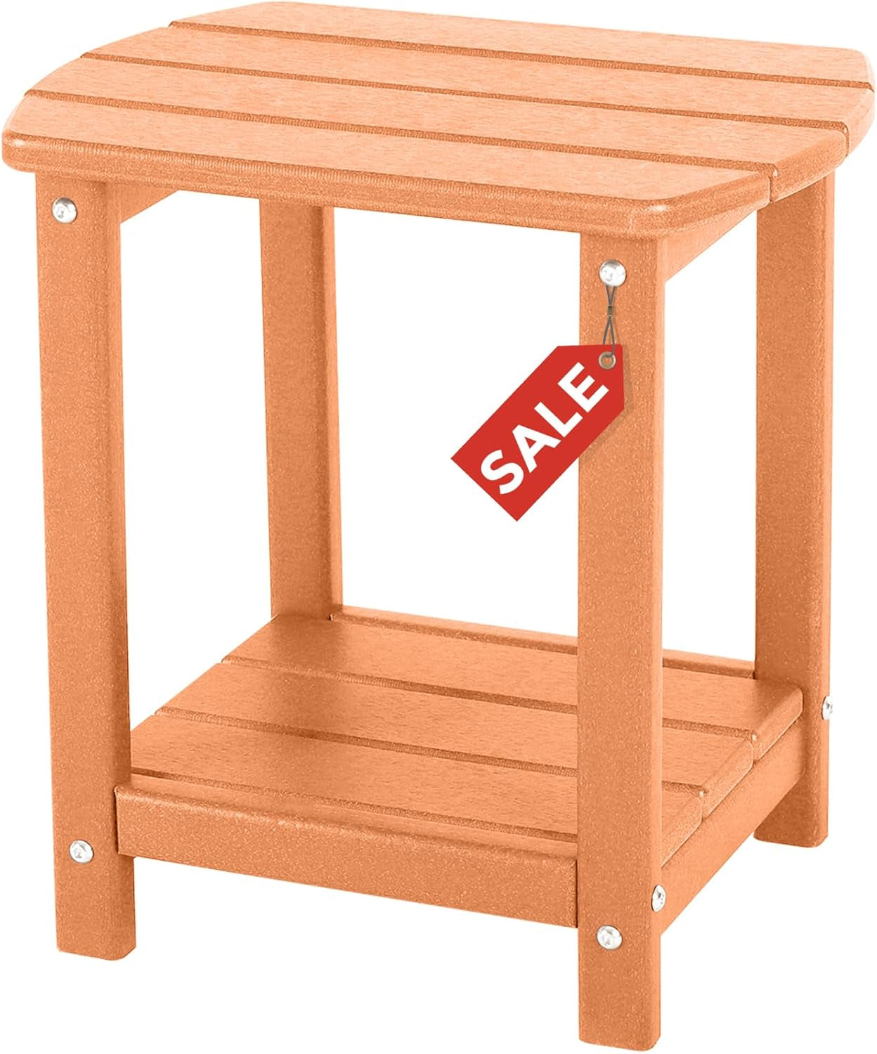 Three-quarter view of an orange slatted two-tier outdoor side table with a red sale tag hanging from the inner front leg.