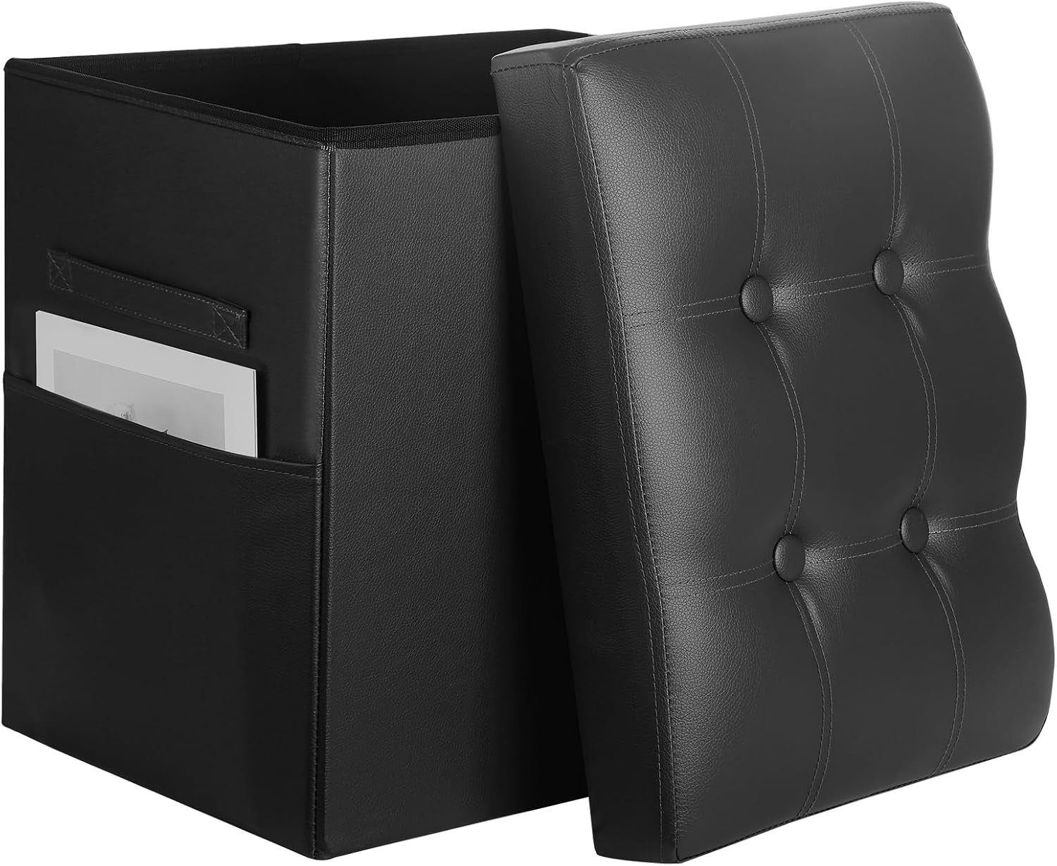 Black foldable storage box with the tufted lid removed and leaning against the open interior, showing side pocket.