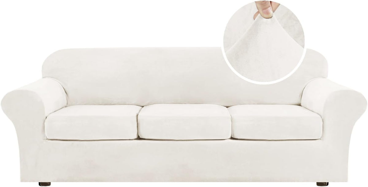 Straight-on view of a three-cushion sofa in bright ivory velvet with inset showing fabric stretch detail.