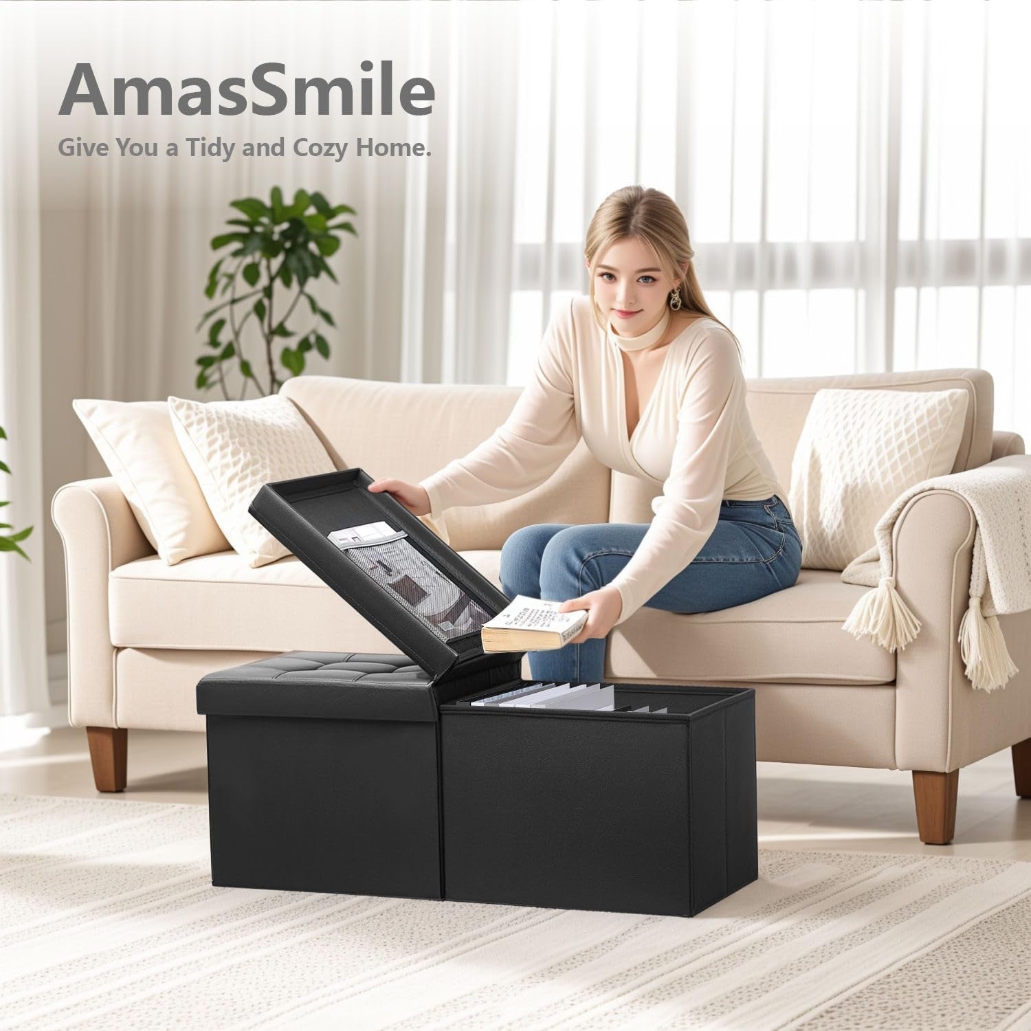 Living room scene with a woman opening a black folding storage ottoman in front of a beige sofa