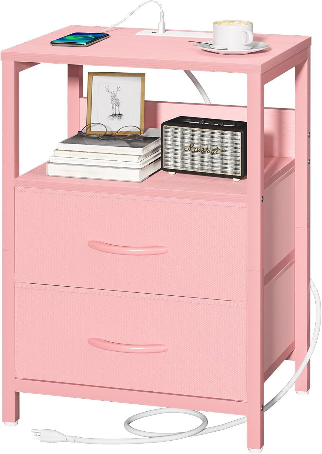 Pink two-drawer nightstand with open shelf and charging port, power cord coiled at base