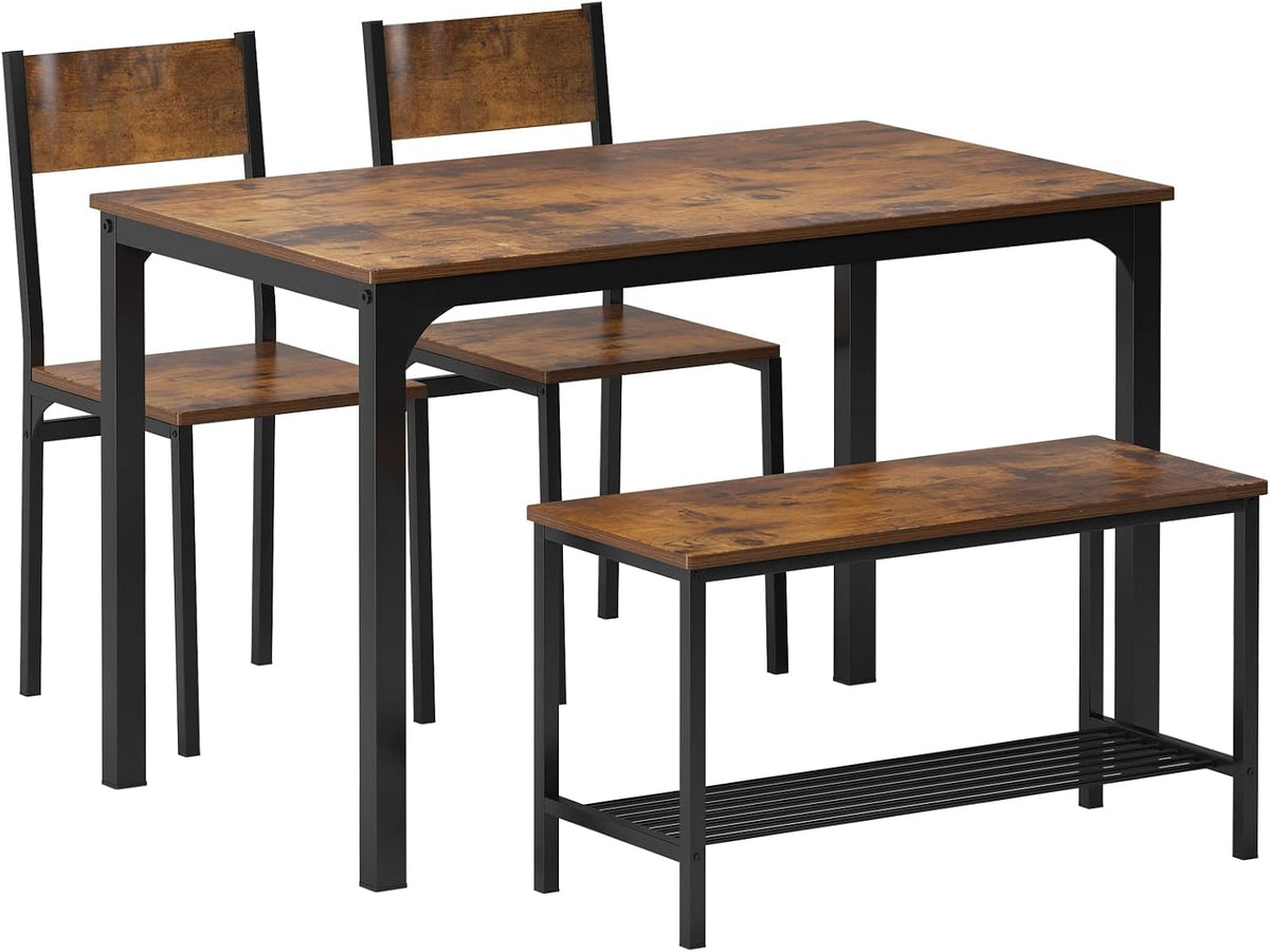 Angled front view of the set in a warm rustic wood finish showing table, two chairs, stool and storage bench