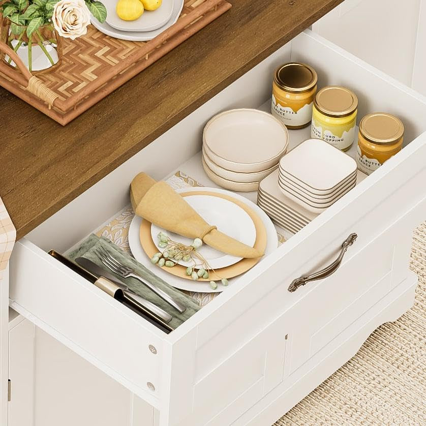 Close-up of a fully extended top drawer holding stacked plates, cutlery and jars