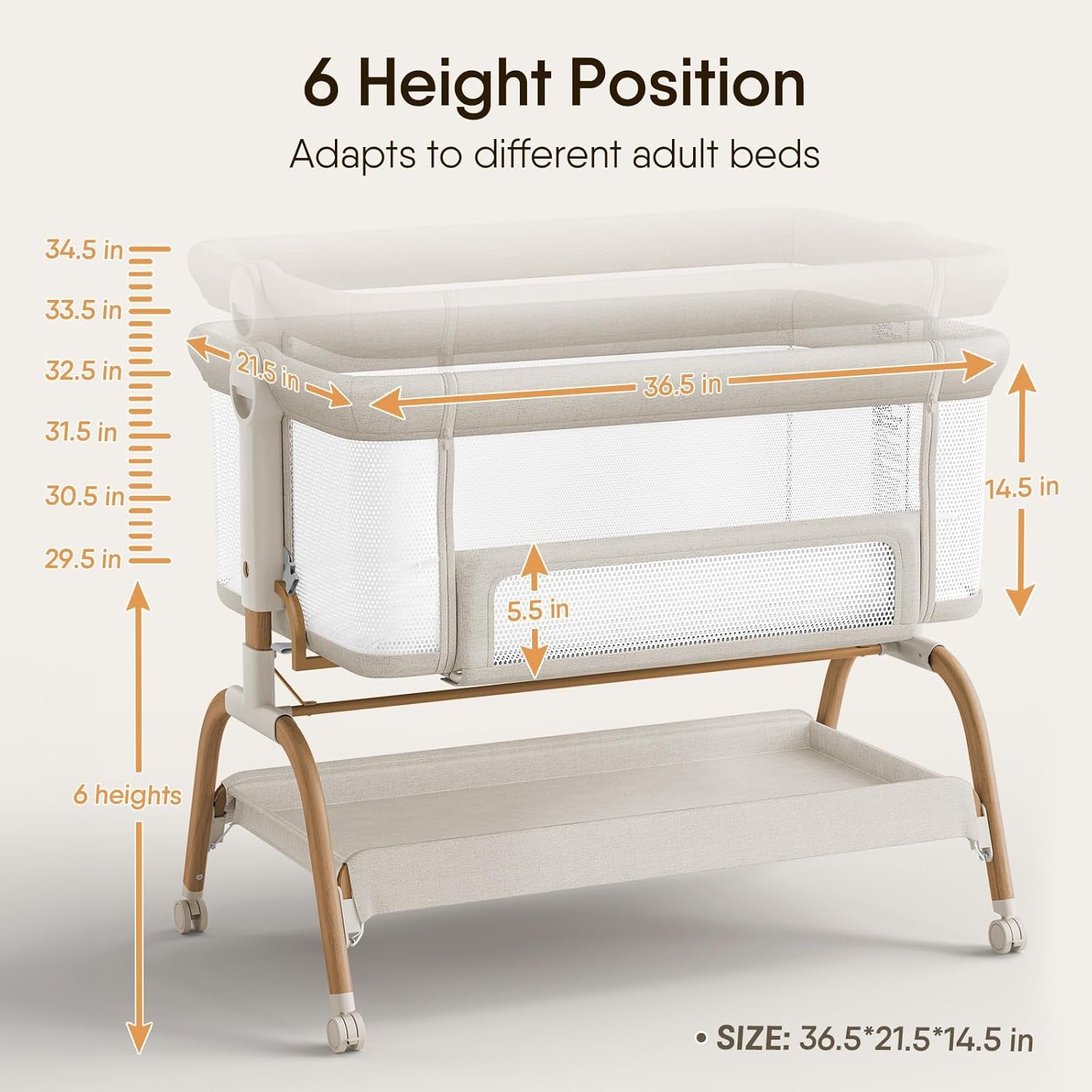 Diagram of the bassinet showing six adjustable height positions and measurement arrows.
