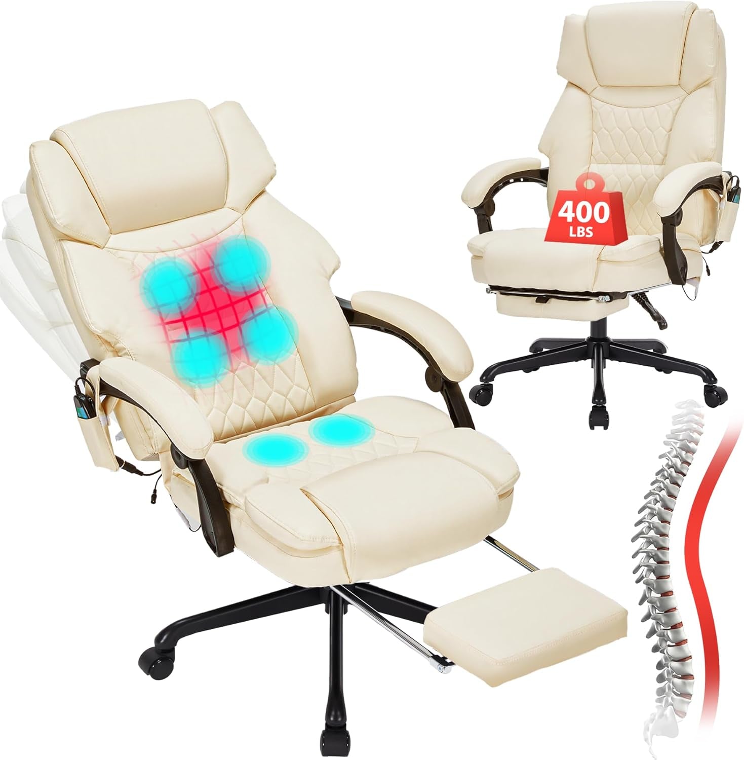 Cream reclining office chair angled front view with extended retractable footrest and vibration nodes highlighted