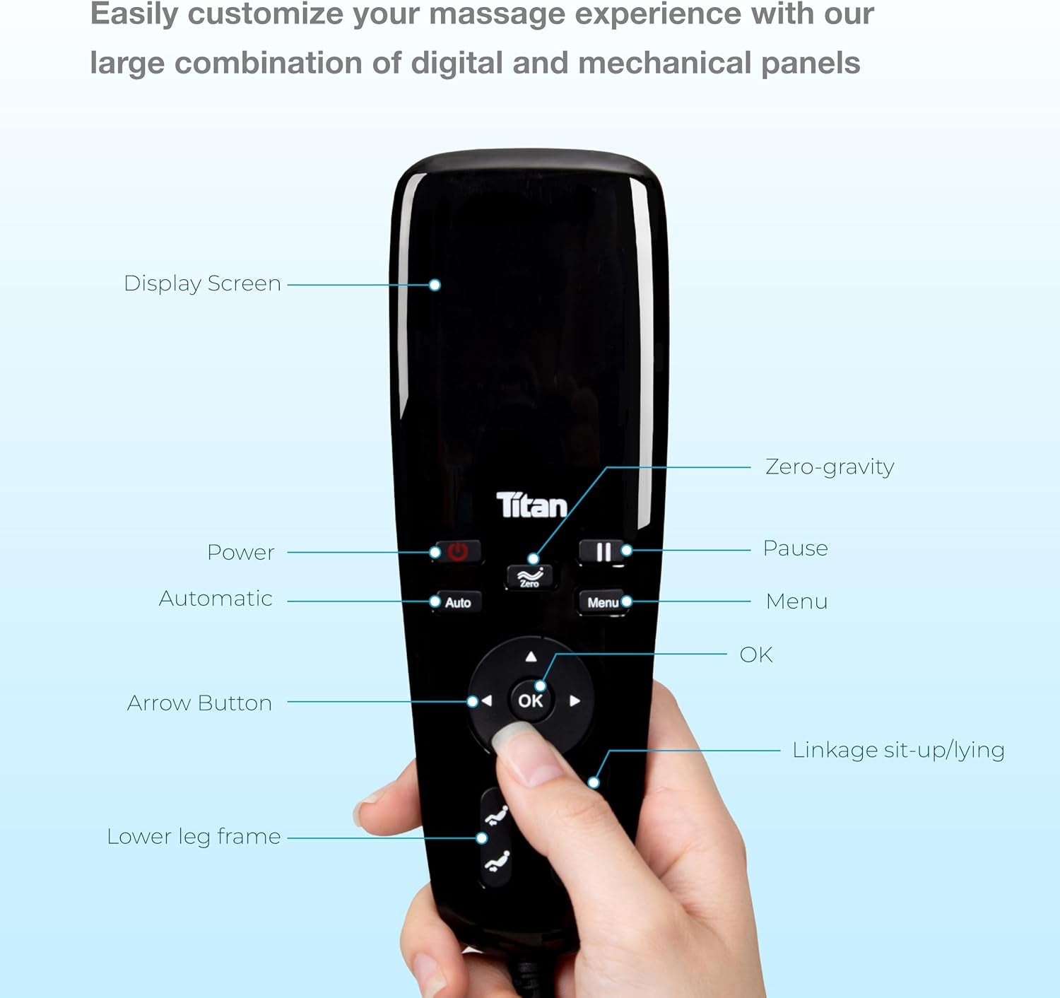 Hand holding a glossy black remote for the massage chair shown vertically with labeled button callouts around it.