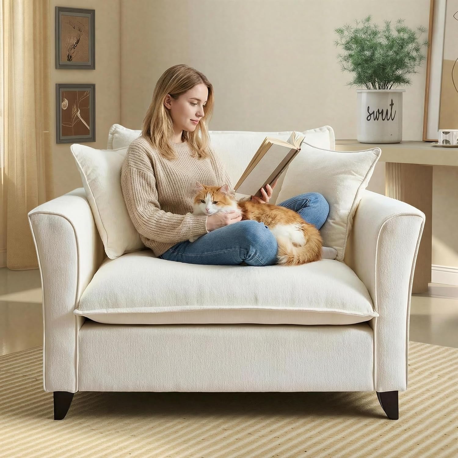 Cream chenille oversized accent chair front view with two square pillows and dark tapered legs, woman reading with a cat