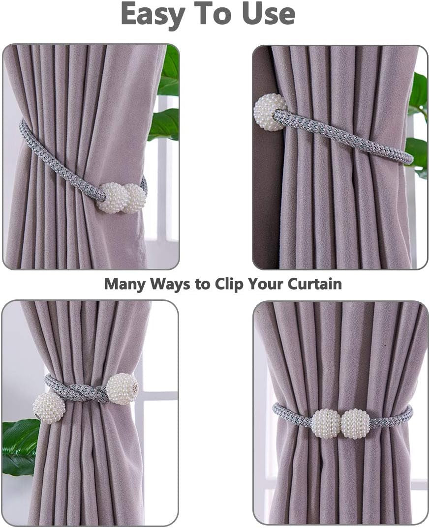 Four styling examples of white beaded magnetic tiebacks showing half-tie and full-tie arrangements on light grey curtains.